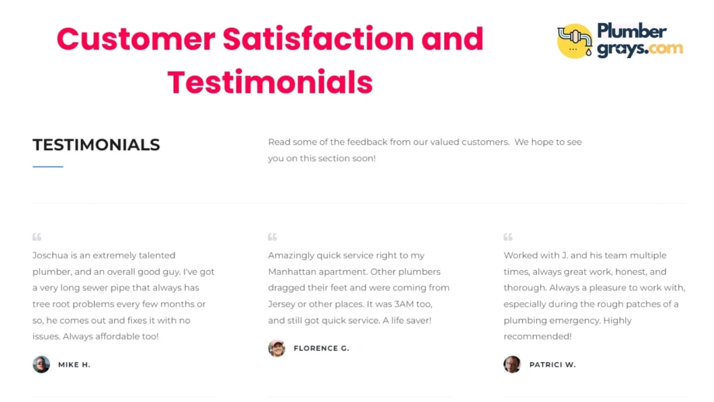 Customer Satisfaction and Testimonials with plumbing Service